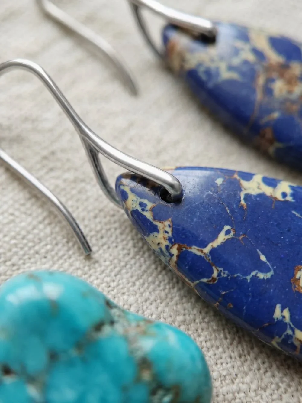 Silver Plated Blue Imperial Jasper Gold Matrix Boho Witchy Drop Earrings 2in